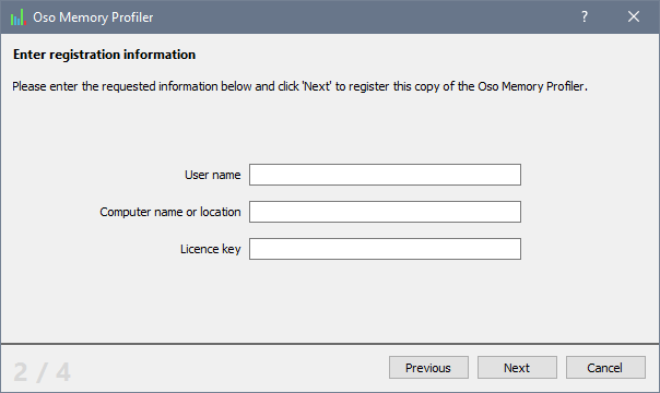 The licensing dialog collecting your registration information