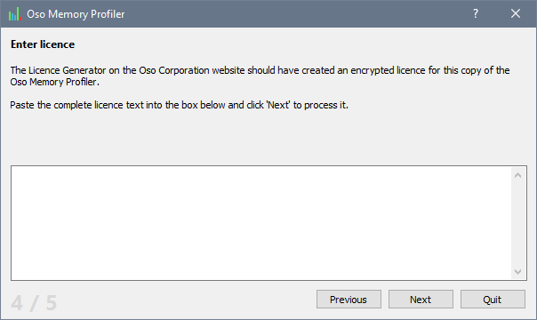 The licensing dialog where you can enter the response from the Oso Corporation licence server
