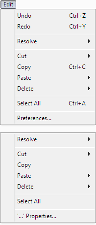 The Edit menu and the context menu for the main view.