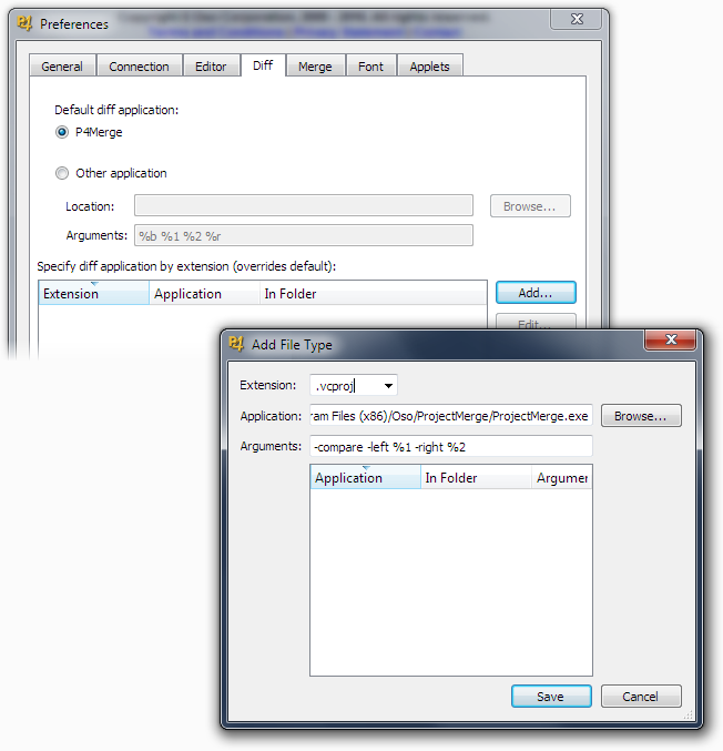 The P4V Add File Type Dialog showing the settings for Project: Merge filled in.