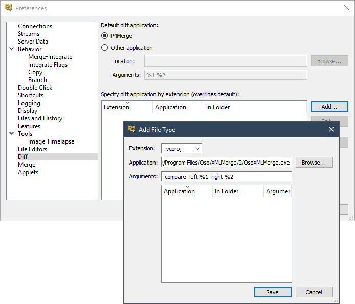 The P4V Add File Type Dialog showing the settings for Oso XML Merge filled in.