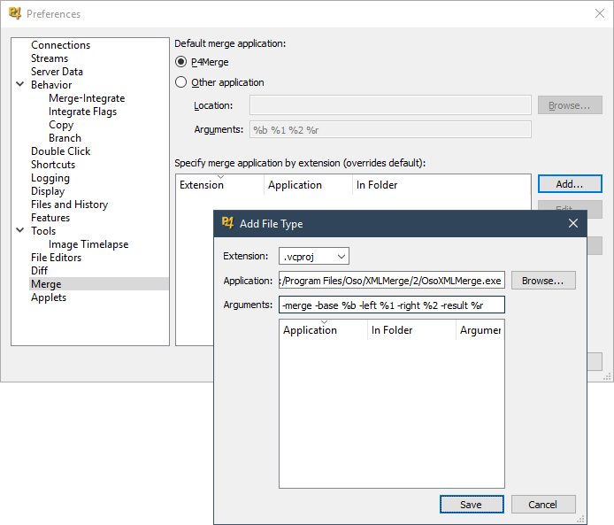 The Add File Type Dialog with the settings for Oso XML Merge filled in.