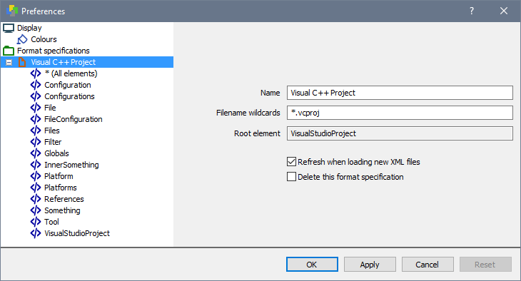 The XML File Specification Panel.