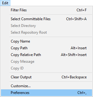 The SmartGit Edit menu showing the Preferences option at the bottom.